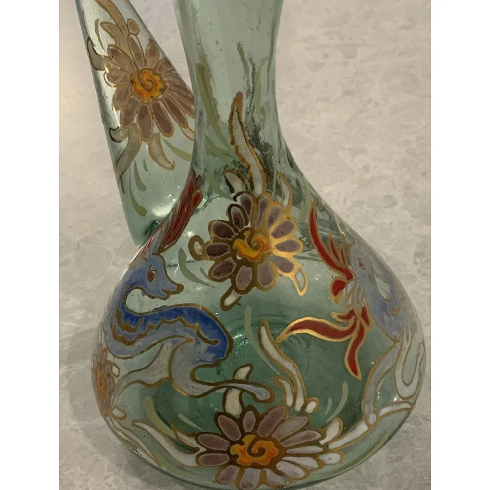 Vintage Signed Jose Cire Royo Spanish Art Glass Porron Decanter Wrought Iron Set